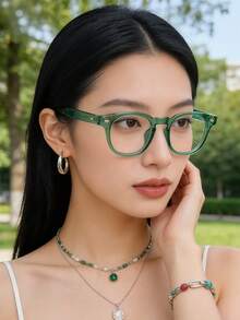 1對女款塑膠框鉚釘方框大尺寸平光眼鏡，街頭風透明清透鏡片眼鏡 - 綠色 - 查看 3