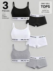 3pcs Tween Girls Camisole Undershirt, Letter Print Wide Bottom Spaghetti Strap Bra, Black Grey White 3 Colors, Skin-Friendly Seamless Breathable Anti-Slip Tank Top - Multicolor - View 1