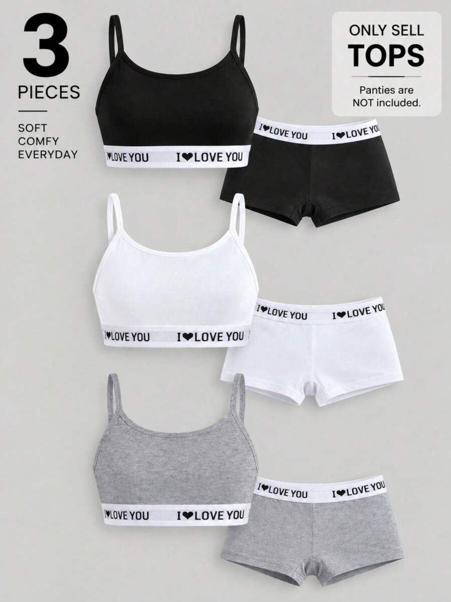 3pcs Tween Girls Camisole Undershirt, Letter Print Wide Bottom Spaghetti Strap Bra, Black Grey White 3 Colors, Skin-Friendly Seamless Breathable Anti-Slip Tank Top - Multicolor - View 1