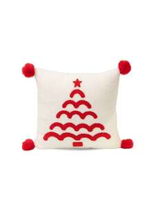 1pc Christmas Tree Embroidered Pillow Cover With Red Pom Poms, Soft Teddy Fabric Decorative Throw Pillow Case For Sofa Couch Home Xmas Decor, Cushion Cover Without Insert - Multicolor - View 13