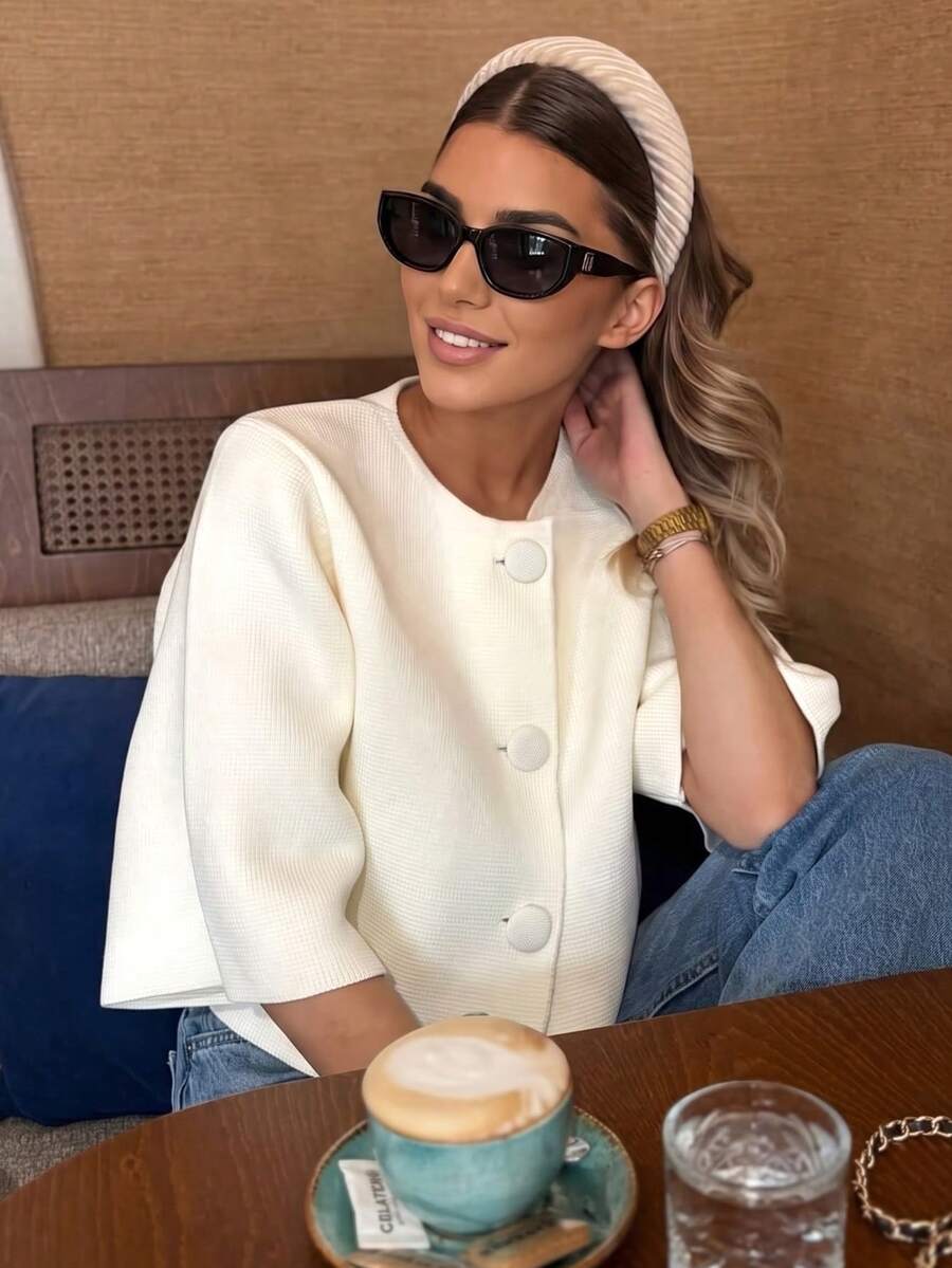 Women's Elegant Short Cardigan, Half Sleeve Design, Button Front, Regular Length Knit Top - White - View 1