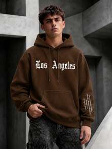 Krometka Men's Brown Los Angeles Letter Pouch Hoodie, New Autumn/Winter - Brown - View 2