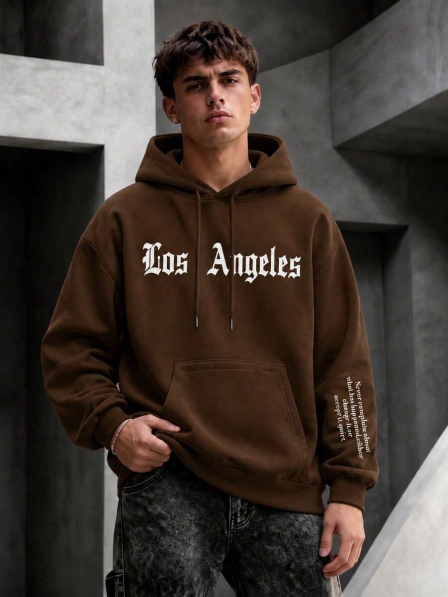 Krometka Men's Brown Los Angeles Letter Pouch Hoodie, New Autumn/Winter