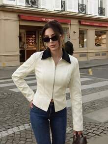 Jaket Slim Fit dengan Kerah Kontras dan Resleting Depan, Pakaian Luar Wanita Lengan Panjang Potongan Ramping - Aprikot - View 4