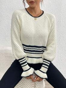 Autumn/Winter New Casual Textured Patchwork Striped Ruffle Trim Plus Size Raglan Sleeve Flared Cuff Knit Top - Apricot - View 5