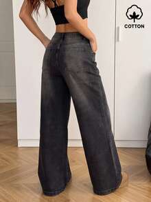 MYOURSA High Waist Street Style Campus Outfit Y2K Loose Wide Leg Denim Jeans For Women - Black - View 2