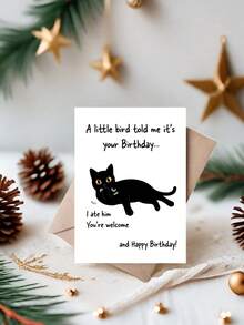 1pc Funny Birthday Card For Cat Lover, Friend, Coworker – Black Cat Cartoon Illustration, Birthday Humor, Thickened, With Envelope - A - View 9