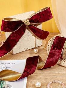 1 Roll Multi-Size Burgundy Silky Premium Christmas Tree Velvet Ribbon, Red With Gold Edge, Satin DIY, Suitable For Holiday Decoration, New Year, Valentine's Day, Christmas Tree Decoration, Gift Bow Packaging Crafts - Multicolor - View 4