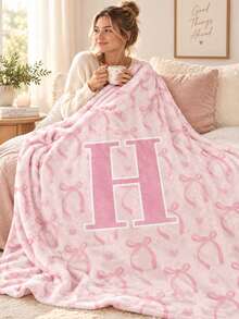 1PC Custom Sublimation Bow Initial Letter Blanket, Personalized Printed Throw Blanket With Bow & Heart Pattern, 3 Optional Sizes, Home Decor Blanket For Bedroom Sofa, Ideal Holiday Gift For Friends And Family - Multicolor - View 7