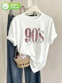Women's Plus-Size 90s Retro Print T-Shirt – Casual Short-Sleeve Washed Top With Large Vintage Lettering – 100% Cotton – Suitable For All Seasons - White - View 9