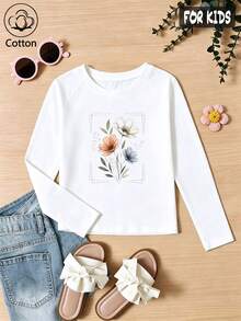 Girls' Cute Printed Long-Sleeve Casual Sports T-Shirt With Set-In Sleeves And A Round Neckline - White - View 1