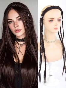 24 Inch Boho Pre Braided Headband For Women Long Hanging Synthetic Braids With Silver Decor Hairpiece For Daily Party Music Festival Halloween - Multicolor - View 14