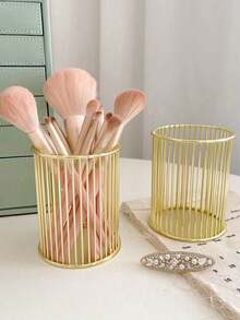 1pc Nordic Style Gold Pen Holder & Makeup Brush Organizer - Portable Multi-Functional Desktop Storage, Can Store Cosmetics, Ideal For Home Desktop Decor, Study Room Organization, Perfect Birthday Gift For Women And Teens, Suitable For Bedroom, Office Or Travel Daily Use - Multicolor - View 9