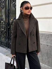 Dark Brown Double-Breasted Short Overcoat Women, Large Lapel Loose Silhouette Commuter Overcoat, Women's Overcoat, Autumn/Winter - Brown - View 1