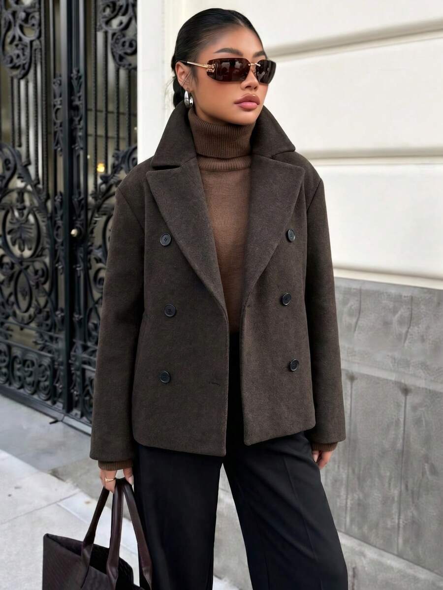 Dark Brown Double-Breasted Short Overcoat Women, Large Lapel Loose Silhouette Commuter Overcoat, Women's Overcoat, Autumn/Winter - Brown - View 1