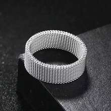 1pc Stainless Steel Flexible Mesh Ring, Personalized Braided Adjustable Finger Ring, Versatile Couple Ring, Silver Wide Plain Band Ring - Silver - View 2