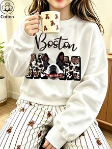 Girls' Boston Terrier & Leopard Print Letter Crew Neck Sweatshirt, Casual Dropped Shoulder Long Sleeve Pure Cotton Pullover - White - View 1