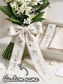 Personalized Wedding Bouquet Ribbon, Hand Linen Wrap, Pink Cosmos Forget Me Not Daisies, Custom Names Date, Bridal Keepsake Gift - Multicolor - View 3