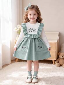 Baby Girls' 2 Pieces Style Corduroy Dress With Floral Embroidery, Ruffle Hem, Long Sleeves, Mori Style, Casual Daily Wear, Spring/Autumn - Green - View 8