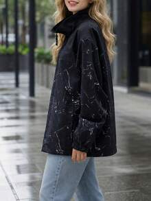 1pc Women's Spring/Autumn Outdoor Mountain Style Black Marble Print Stand Collar Zipper Elastic Cuff Adjustable Hem Drawstring Loose Casual Cycling Climbing Jacket - Black - View 5