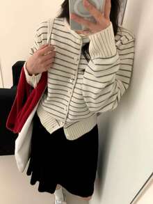 Korean Style Casual Colorblock Striped Cardigan Round Neck Single-Breasted Knit Sweater Jacket - Apricot - View 2
