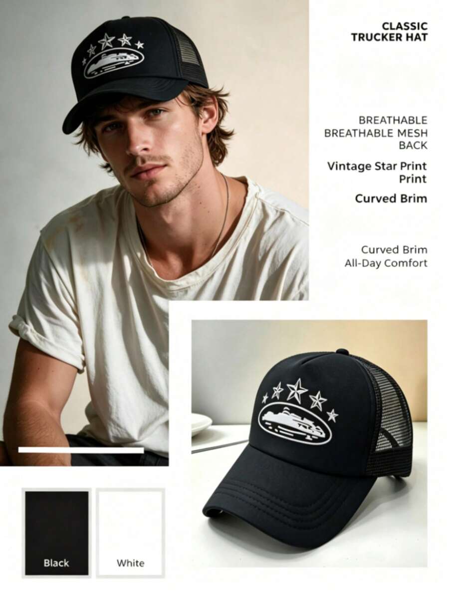 1pc Five-Point Star Embroidered Baseball Cap, Outdoor Sponge Mesh Baseball Cap, Summer Breathable Mesh Trucker Hat For Men And Women - Five Stars - View 1
