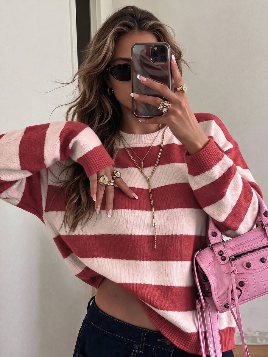Aflion Women Summer Fall Red Pink Striped Knit Sweater, Round Neck Drop Shoulder Long Sleeve Cropped Pullover - Multicolor - View 1