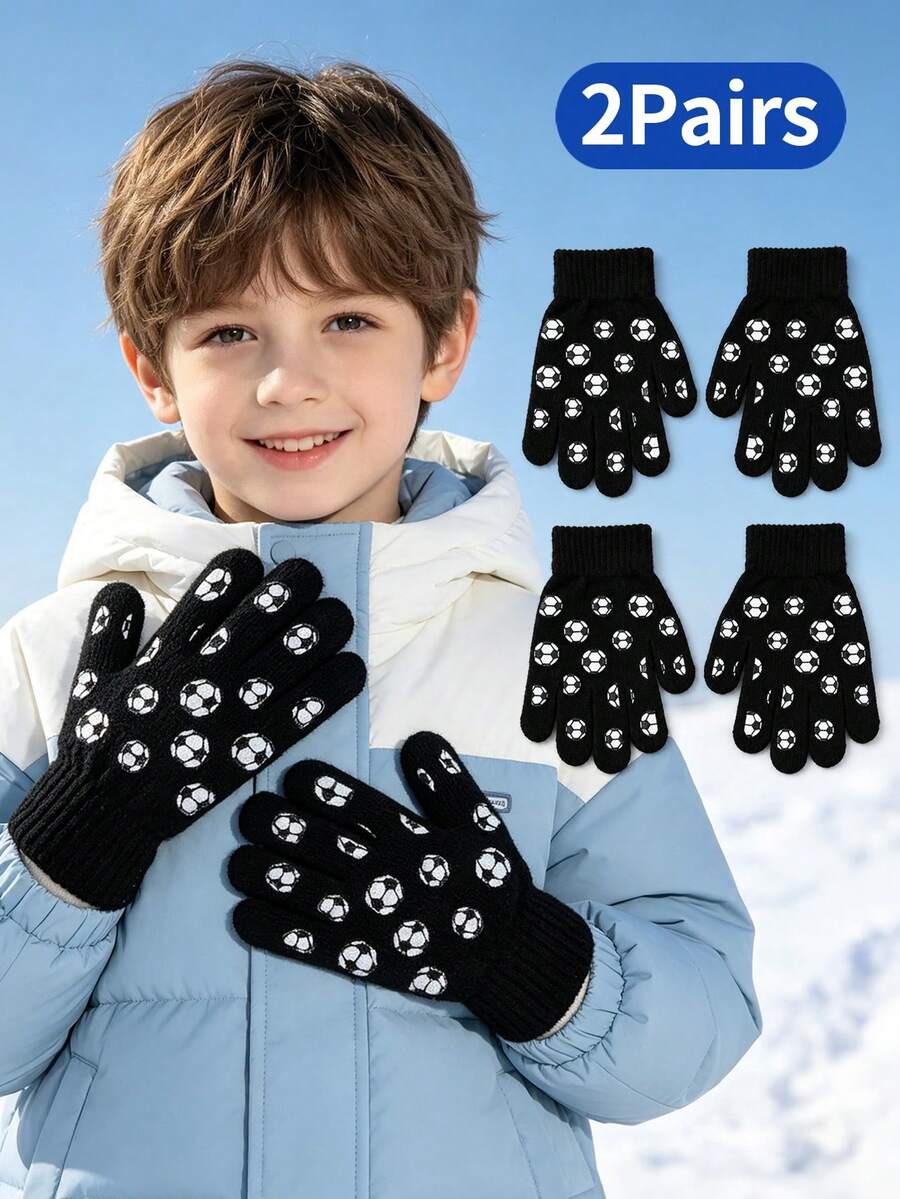2pcs Kids Elastic Knit Magic Gloves, Boys Soccer Pattern Full Finger Gloves, Suitable For Daily School And Outdoor Activities - Black - View 1