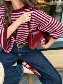 Women's New Autumn Contrast Color Striped Knit Top, Casual Daily Commute College Style - Maroon and Pink - View 5