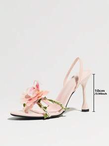 Glossy Blush Pink Pointed Toe High Heel Sandals,3D Artificial Orchid Decor Braided Strap Slingback Party Dress Heels For Women - Baby Pink - View 7
