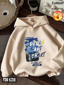 Fall/Winter 3 Pieces Set Girls' Cityscape, Cartoon Bear, And Graffiti Letter Print Fleece Hooded Sweatshirt Y2K Style - Apricot + Apricot + Apricot - View 5