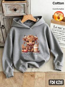 Autumn/Winter 3 Pieces Set Girls Lamb Fleece Hooded Sweatshirt Cow Dog Cat Print Long Sleeve Soft Y2K Style - Heather Gray+Heather Gray+Heather Gray - View 2