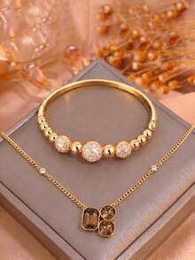 2pcs/Set Gold-Tone Stainless Steel Three-Color Gemstone Necklace & Pink Crystal Ball Zirconia Bracelet, Unique Matching Jewelry - Gold - View 7