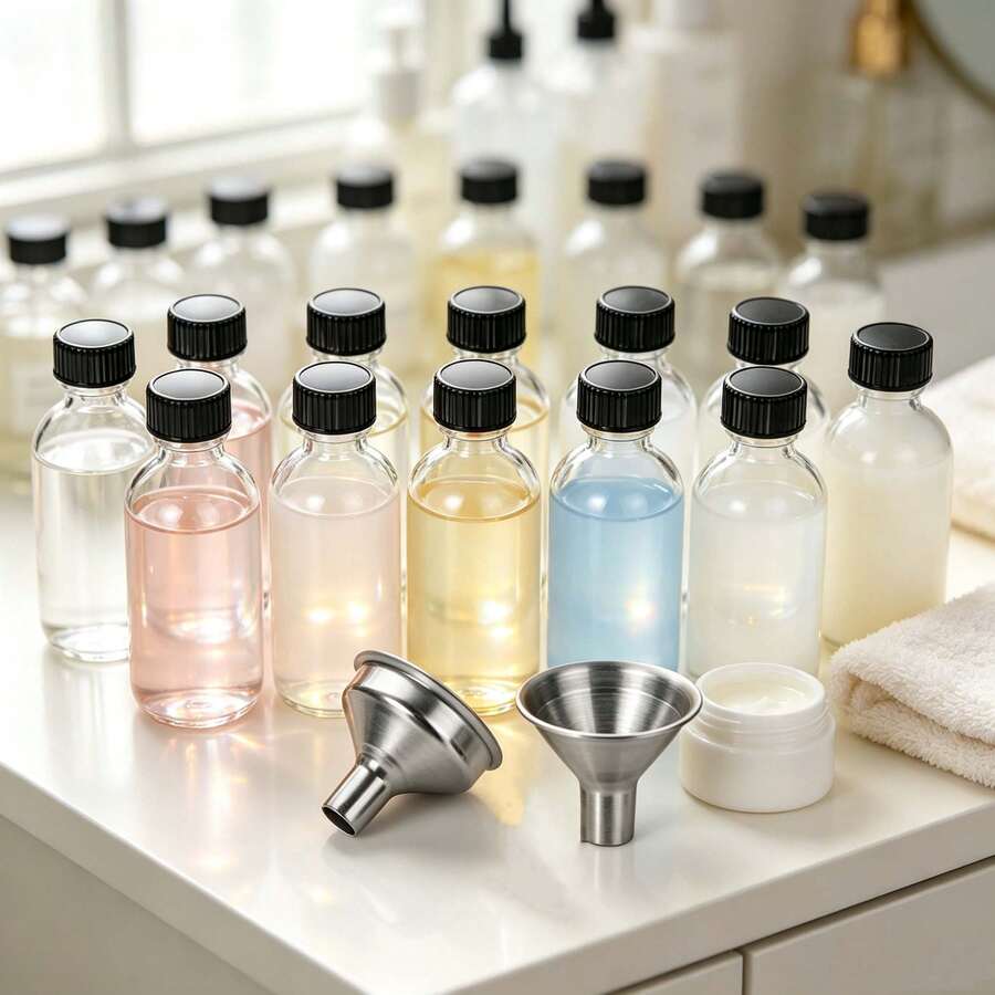 Botol Kaca Serbaguna 10/12/20/30 2oz dengan Tutup Sekrup Hitam & Corong Logam, Botol Isi Ulang Anti Bocor untuk Minyak Aromaterapi, Esensi Perawatan Kulit, Bumbu Dapur, Wadah Penyimpanan & Penyajian Cairan - View 1