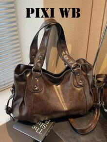 Tas jinjing dengan hiasan paku keling dan jahitan kontras, kapasitas besar, penutup resleting, gaya vintage Amerika yang usang, cocok untuk bepergian, jalan-jalan sehari-hari, dan wanita muda. - Kopi - View 1