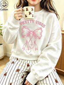 Women's Casual Cotton Sweatshirt, Hand-Painted Pink Bow Heart & Text Print, Drop Shoulder Crew Neck Pullover, Autumn - White - View 1