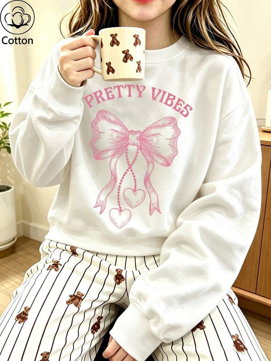 Women's Casual Cotton Sweatshirt, Hand-Painted Pink Bow Heart & Text Print, Drop Shoulder Crew Neck Pullover, Autumn - White - View 1