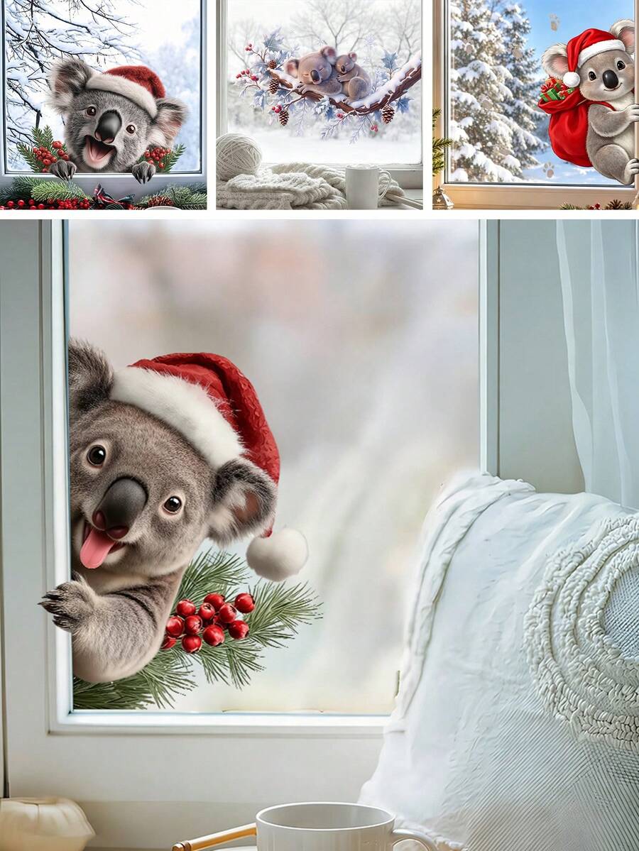 1PC Cute Peeking Koala Christmas Static Window Clings, Xmas Glass Decor, Holiday Window Display For Home Living Room, Cafe, Retail Shop Window - Multicolor - View 1