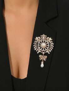 1pc European And American New Rhinestone Flower Pearl Tassel Brooch, Alloy Fashion Brooch Accessory - GZ0005. - View 9