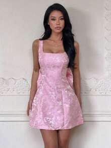 Summer Pink Elegant Dress Fashion Square Neck Back Bow A-Line Strap Dress, Suitable For Dating, Graduation Season, Party - Pink - View 7