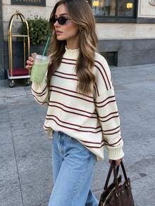 BYGOUBY Fashion Fall Winter Women Striped Pattern Ruffle Mock Neck Drop Shoulder Sweater Long Sleeve Knit Pullover Top Outwear Soft Cozy - Apricot - View 3
