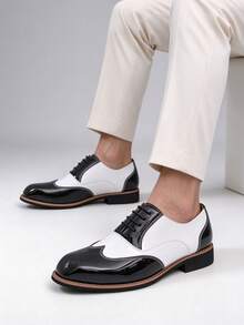 New Men's Oxford Gold & Black Colorblock Brogue Shoes, British Style Lace-Up Comfortable Pointed Toe Shoes, Back To School Footwear - Black and White - View 7