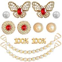 12pcs Gold Red Rhinestone Pearl Clogs Shoe Charms, ABS Butterfly Rhinestone Pearl Chain Shoe Decoration Accessories For Women And Girls DIY - Gold Red Diamond Pearl Style - 12PCS - View 7
