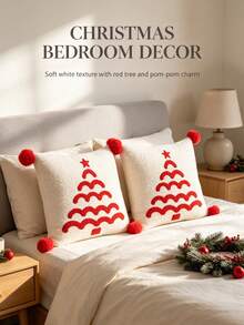 1pc Christmas Tree Embroidered Pillow Cover With Red Pom Poms, Soft Teddy Fabric Decorative Throw Pillow Case For Sofa Couch Home Xmas Decor, Cushion Cover Without Insert - Multicolor - View 8