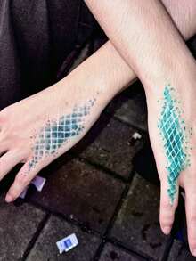 1 Sheet Teal Watercolor Fish Scale Temporary Tattoo, Mermaid Grid Pattern Fake Tattoo Stickers For Hand Wrist, Water Transfer Body Art Tattoo For Party Decor - Multicolor - View 4