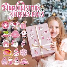 500pcs/Roll Christmas Holiday Decorative Sticker Set, Cute Pink Santa Claus, Snowman, Wreath Gift Packaging Stickers - Pink - View 4