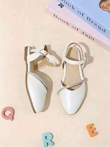 1 Pair Beige Girls' Rhinestone Thin Strap Decor PU Material Pointed Toe Closed Toe One-Strap Backless Flat Sandals, Gentle Minimalist Style, Suitable For Summer Outings, Birthday Parties, 2026 New Arrival - White - View 4
