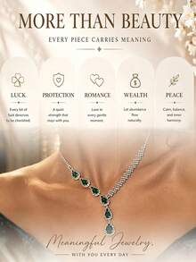 outingfit 1 Set Emerald Green Water Drop Jewelry 2 Pieces Set Gift Accessories Fashion Multi-Color Full Rhinestone Earrings & Necklace Set - Silver - View 6