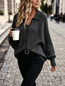 Sweater Kardigan Kancing Lengan Kelelawar Longgar Kerah Syal Rajut Kabel Tali Kepang Warna Polos Ukuran Besar, Musim Gugur/Dingin - Dark Grey - View 7
