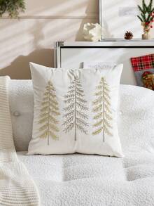 1pc Beige Christmas Tree Embroidered Pillow Case, Suitable For Indoor Decoration, Christmas Decoration, All-Season Pillow Case, Without Insert - Beige - View 2